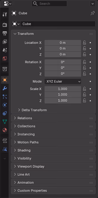Captura del editor de propiedades de Blender con sus pestañas laterales para acceder a transformaciones y otras opciones del objeto