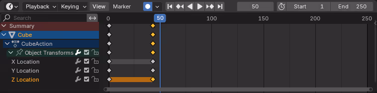 Captura de la interfaz de timeline de Blender