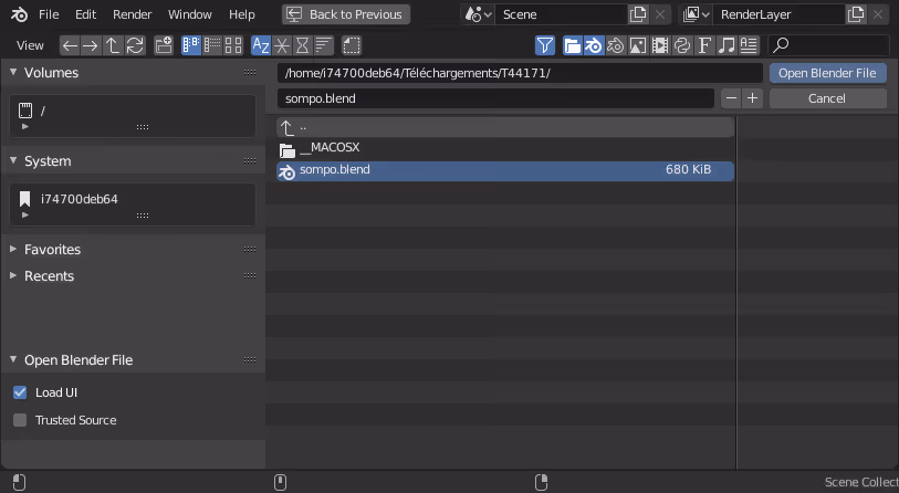 Captura del explorador de archivos de Blender al abrir o guardar