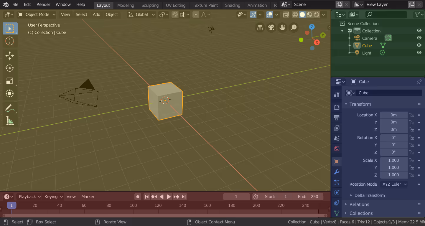 Captura del workspace por defecto de Blender con Vista 3D, listado, propiedades y línea de tiempo identificados