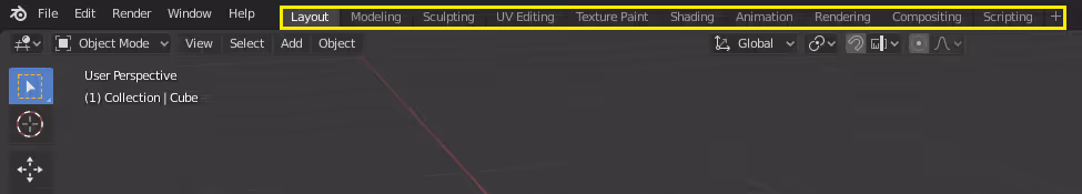 Captura de las pestañas de espacios de trabajo de Blender en la barra superior