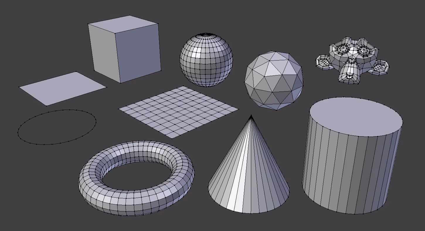 Conjunto de primitivas de malla de Blender como cubo, esfera, cilindro, cono y toroide