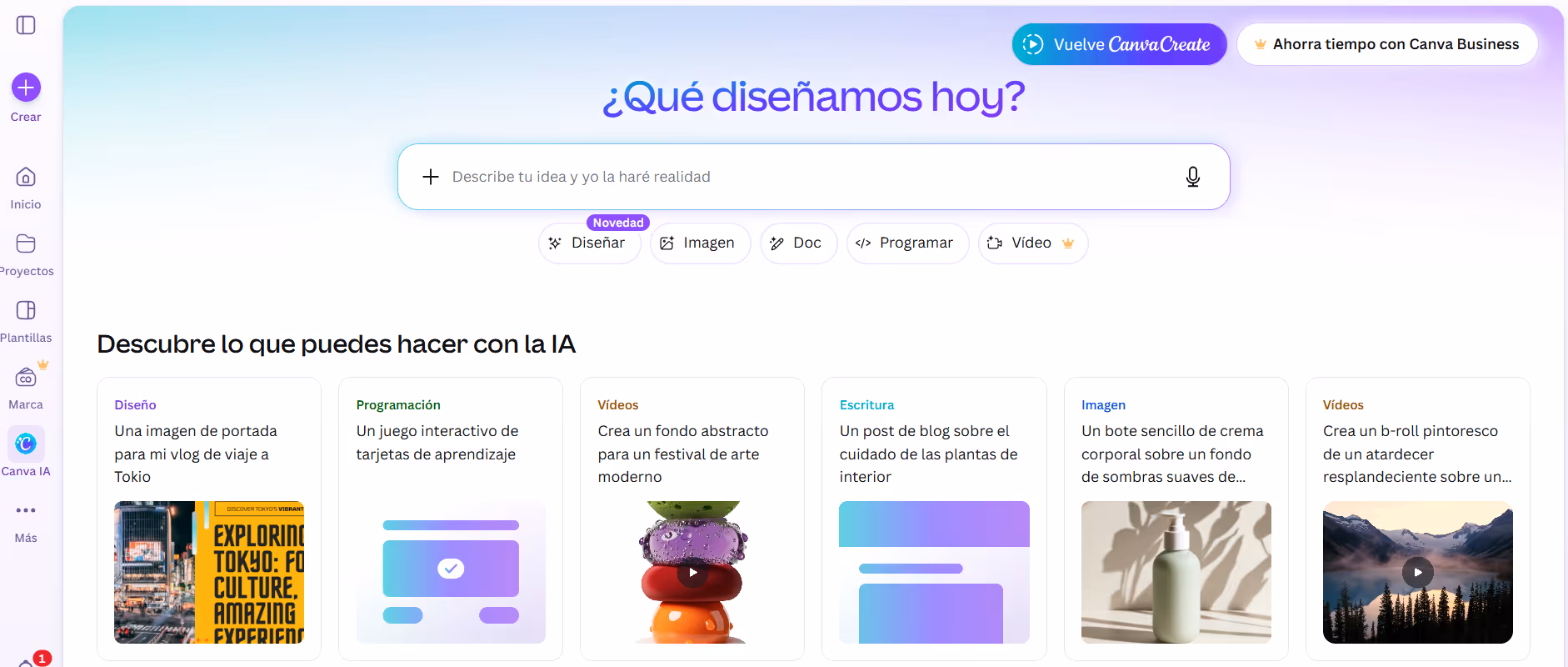 Captura de la vista inicial de Canva en escritorio para entender cómo se organizan proyectos, accesos y formatos de salida.