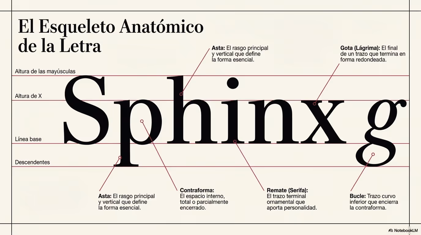 Imagen de apoyo sobre anatomía tipográfica con partes de la letra y nombres de referencia para analizar fuentes.