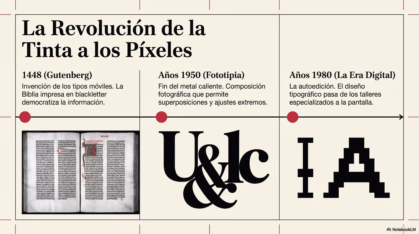 Imagen de apoyo sobre historia de la tipografía con continuidad temporal y relaciones entre etapas o estilos.