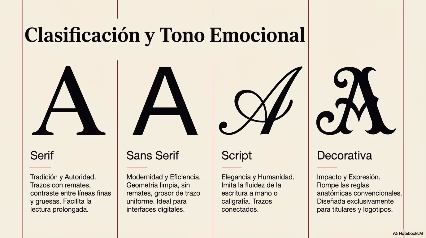 Imagen de apoyo sobre clasificación tipográfica con distintos grupos de familias y comparativas formales.