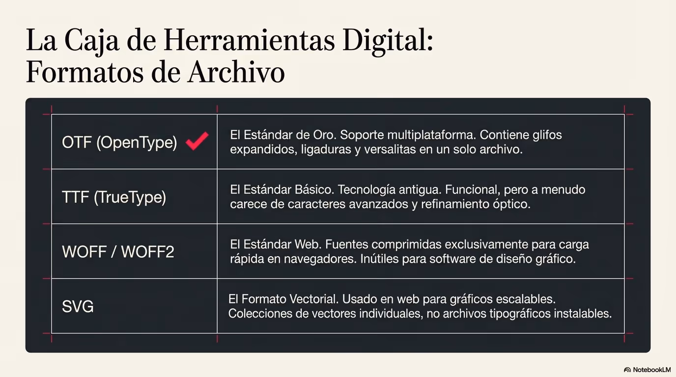Imagen de apoyo que compara formatos de fuente como OTF, TTF, WOFF y otros según contexto de uso.