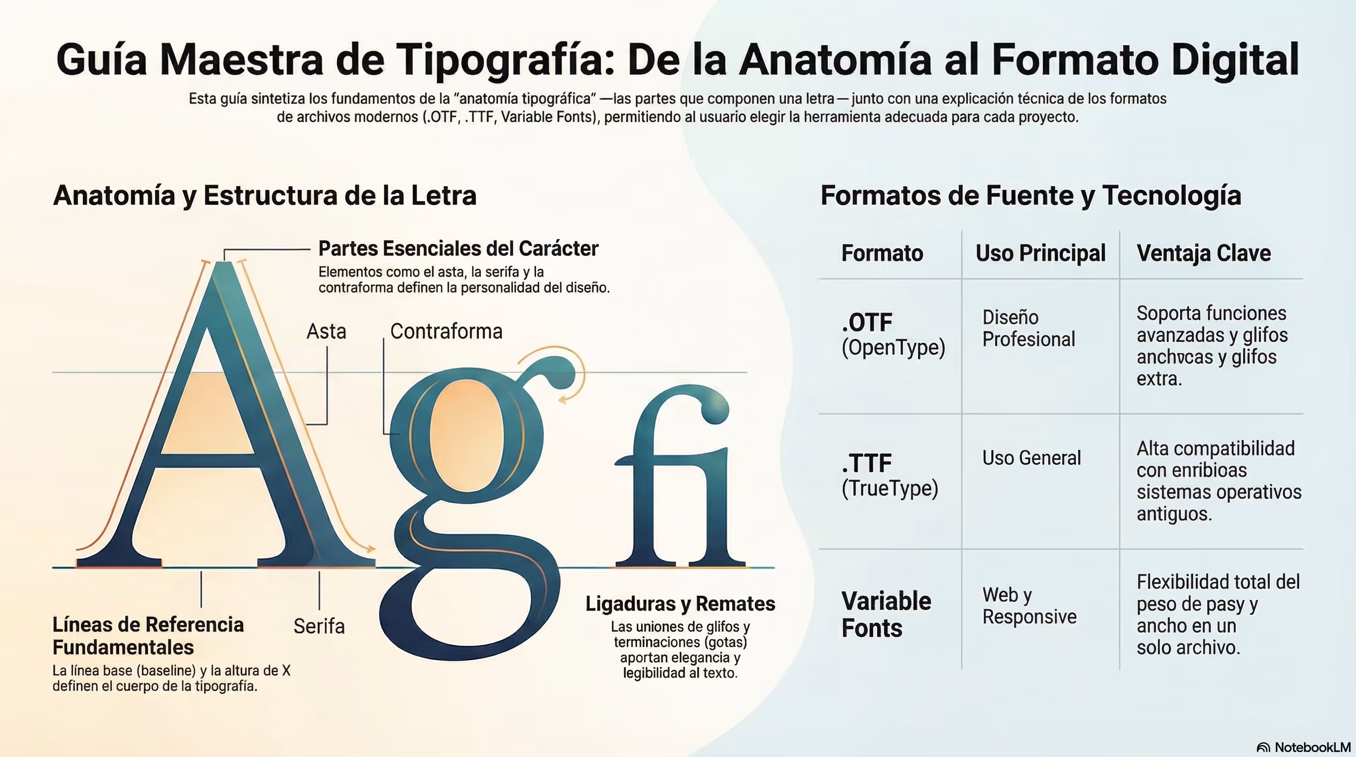 Infografía de tipografía con una visión general sobre legibilidad, jerarquía y criterios de uso en diseño gráfico.