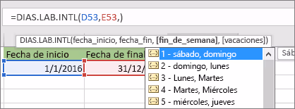 lista intellisense muestra domingo lunes lunes