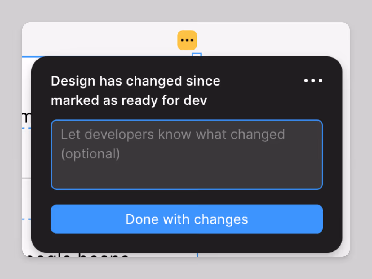 Interfaz de Figma con un prompt de cambio orientado a comunicar ajustes antes de dar por cerrado un handoff