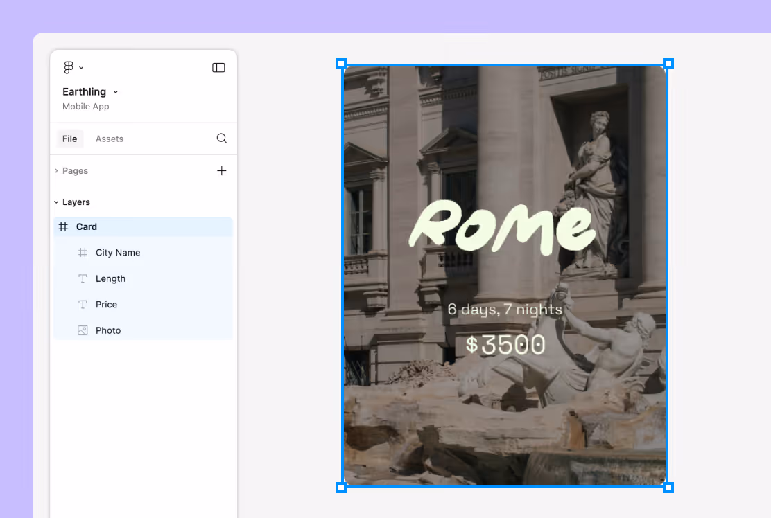 Tarjeta compuesta por varios bloques usada para explicar agrupación, espaciado y estructura adaptable en Auto Layout