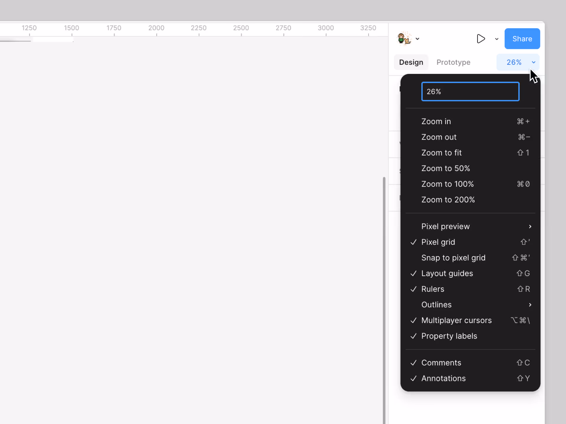 Menú de zoom y opciones de vista en Figma para explicar control visual del canvas