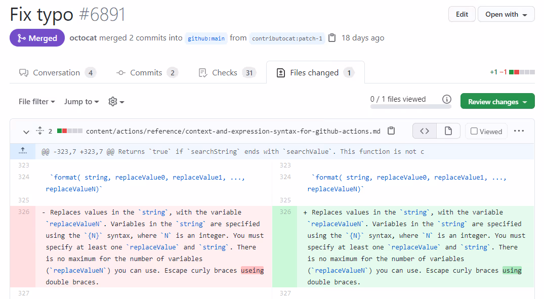 Vista de archivos cambiados en una pull request como referencia para entender qué se revisa antes de volver a VS Code