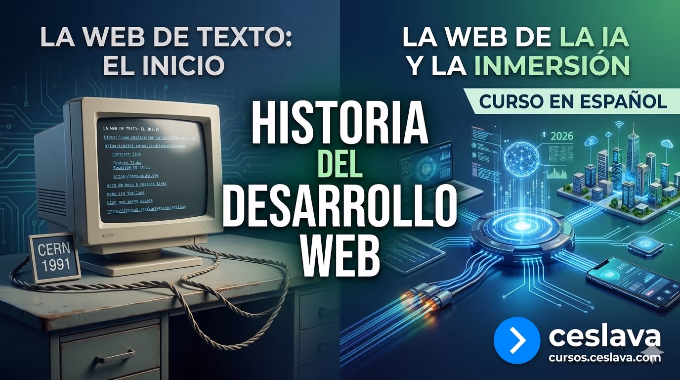 Apoyo visual sobre la evolución técnica de la web para entender el contexto de Internet, dominios y servidores.