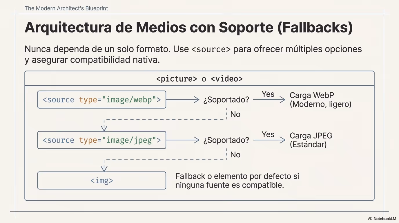 Esquema de uso de picture, source y medios HTML adaptados al dispositivo