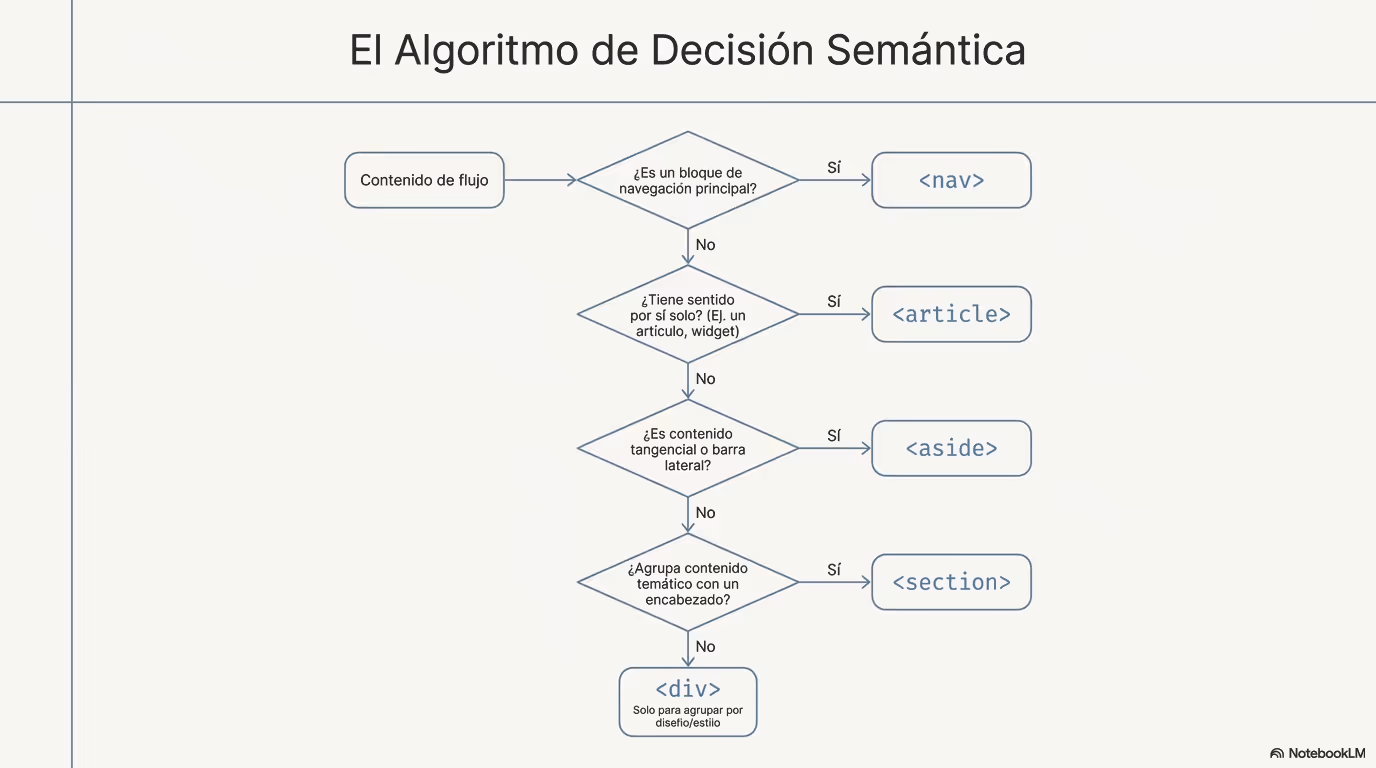 Diagrama de flujo para decidir entre etiquetas semánticas HTML según el tipo de contenido