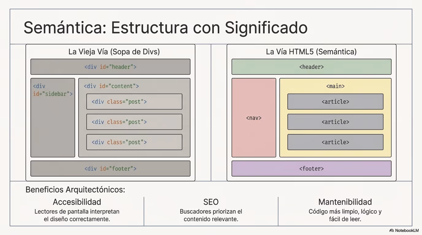 Diagrama general de etiquetas semánticas HTML y su papel dentro de una página