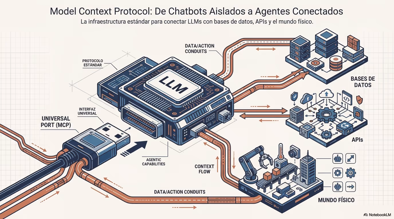 Ilustración conceptual de un LLM conectado mediante MCP a bases de datos, APIs y sistemas externos.
