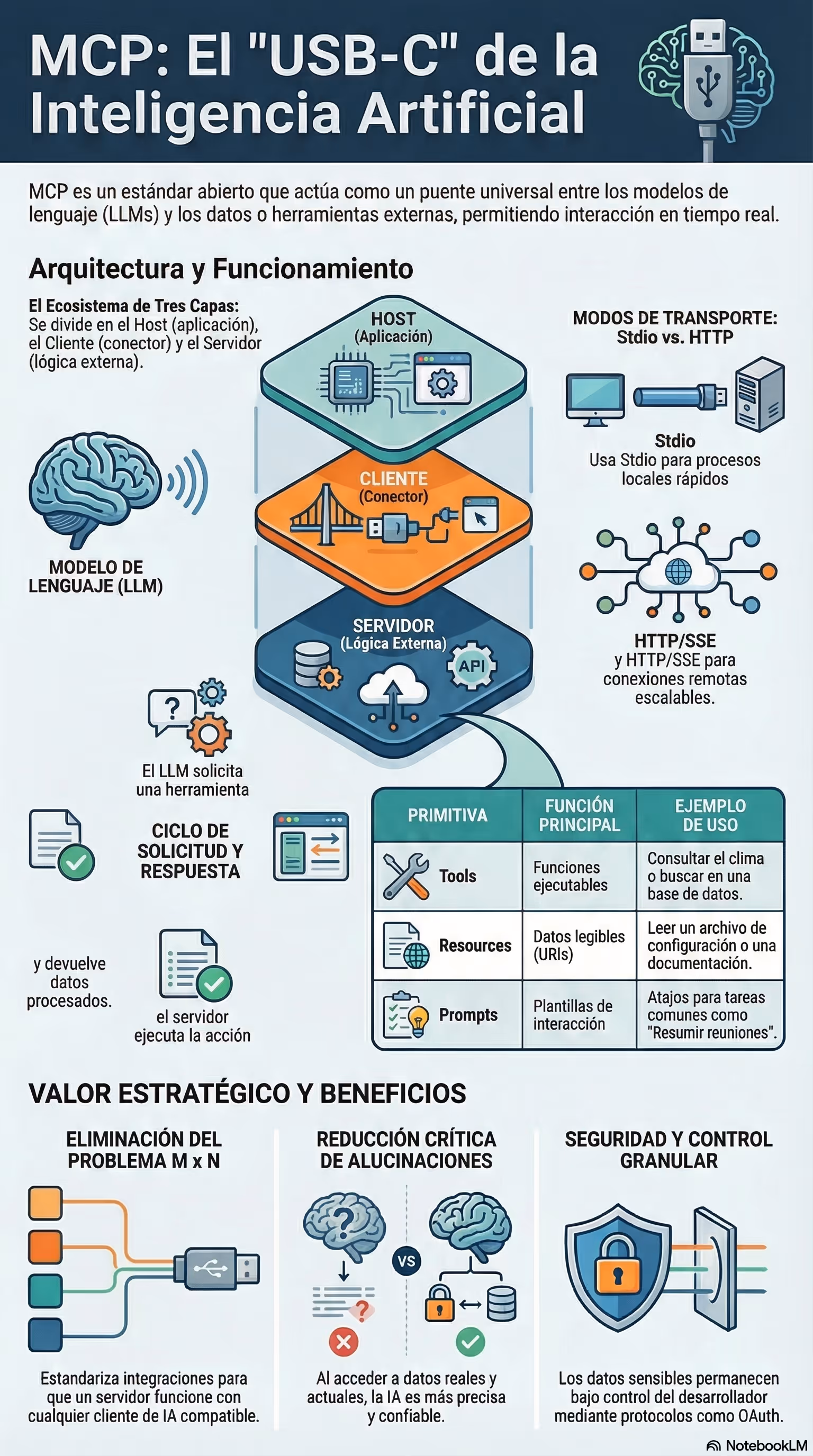 Infografía sobre MCP con arquitectura de capas, primitivas y beneficios operativos.