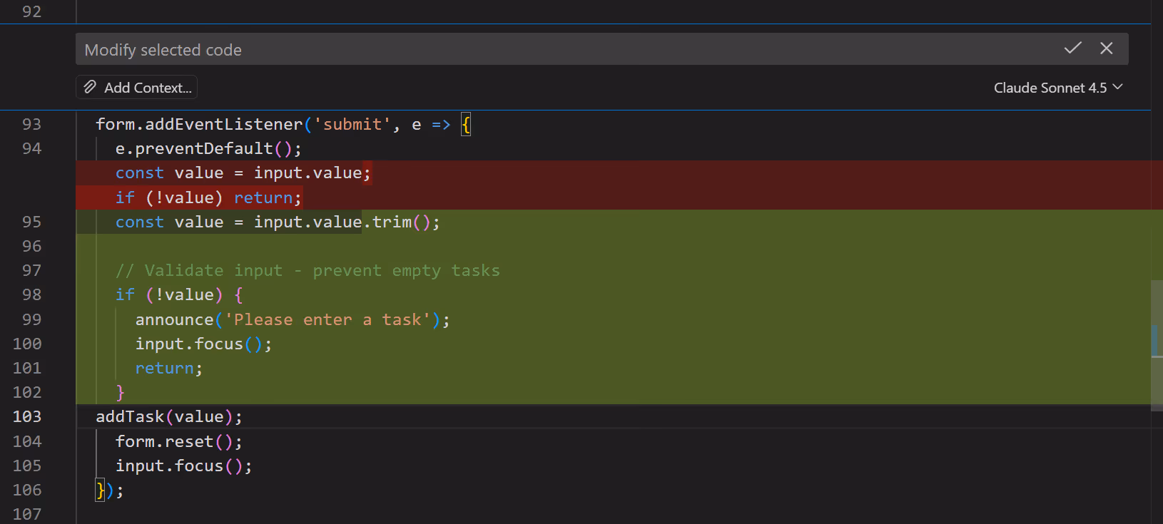 inline chat validation